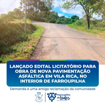 Lançado edital licitatório para obra de nova pavimentação asfáltica em Vila Rica