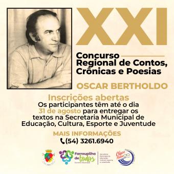 Estão abertas as inscrições para XXI Concurso Regional de Contos, Crônicas e Poesias Oscar Bertholdo