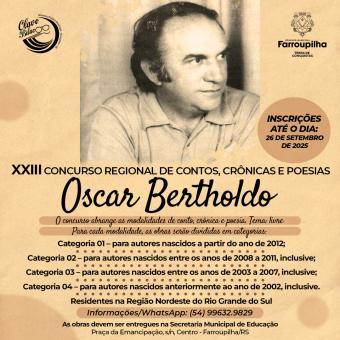 Estão abertas as inscrições para XXIII Concurso Regional de Contos, Crônicas Poesias Oscar Bertholdo